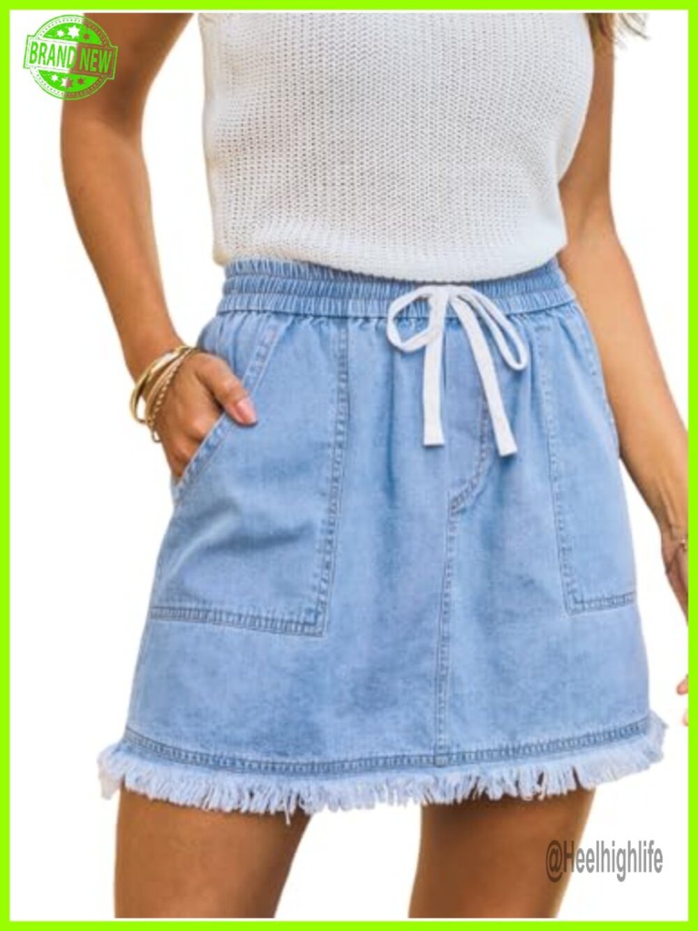 Denim Mini Skirt Elastic Waist Drawstring Raw Edge Frayed Hem
